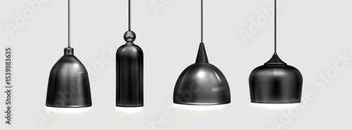 Ceiling pendant lamp set in minimalist style - industrial hanging lights with matte finish, bell and cone shaped shades on cords for modern kitchen, dining rooms or contemporary workspace illumination