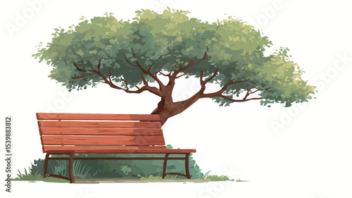 Digital painting illustration depicting a wooden bench positioned beneath a large, leafy green tree. The style is painterly with visible brushstrokes, suggesting a soft, slightly impressionistic