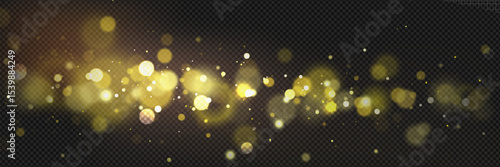 Golden bokeh light effect on transparent background - shimmering particles and blurred circles of magical dust for luxury designs, festive overlays, celebration graphics or elegant photo filters.