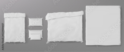 White bed linen mockup set with pillows, duvet covers and sheets from top view on transparent background for bedroom textile presentation, branding design, hotel bedding product display templates.