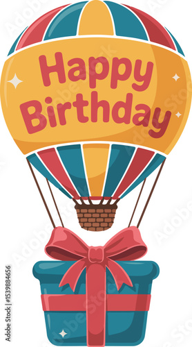 Hot air balloon soaring, carrying a festive banner proclaiming "Happy Birthday" and a beautifully wrapped gift beneath.