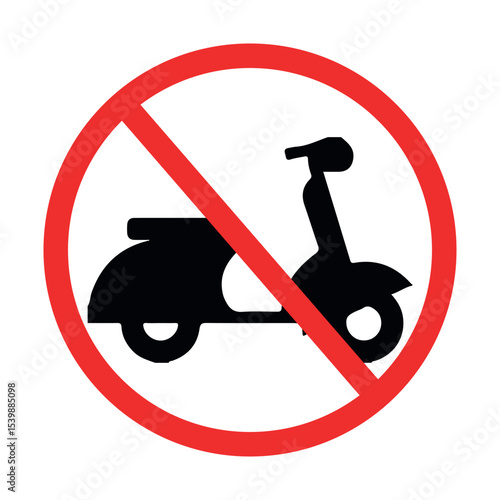 no motorcycle riding sign with scooter symbol in red circle and diagonal line, white background