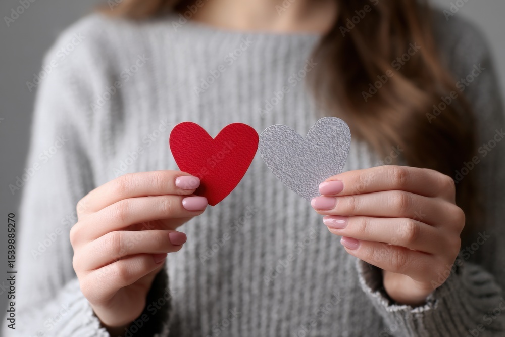 Woman Holding Red and White Heart Cutouts Symbolizing Love and Affection Woman Holding Red and White Heart Cutouts Symbolizing Love and Affection