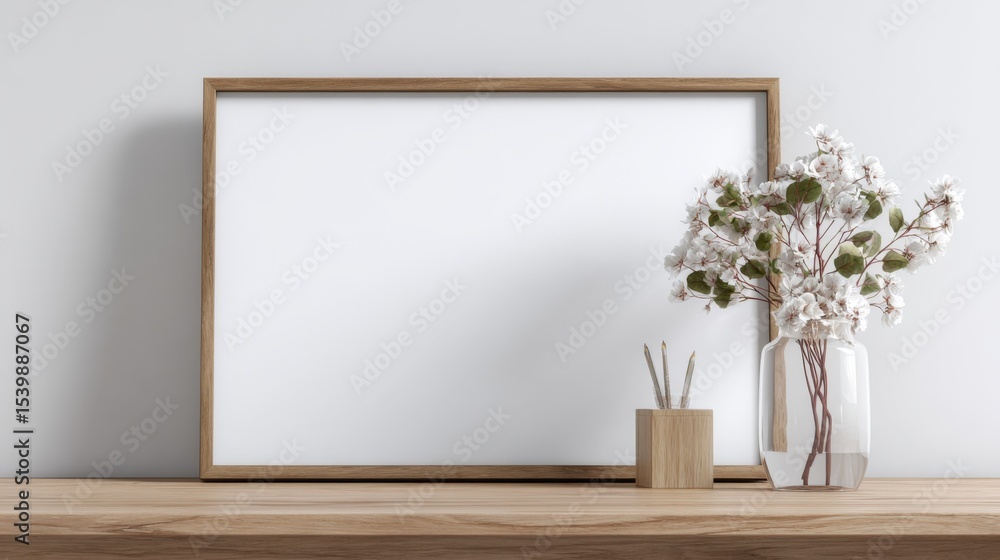 Obraz premium Minimalist blank picture frame on wooden shelf with vase of flowers in modern room