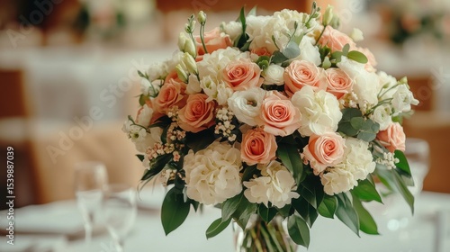 Roses & hydrangeas in clear vase on table