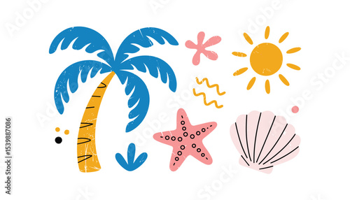Colorful Summer Beach Elements – Palm Tree, Sun, Starfish and Shell Vector.