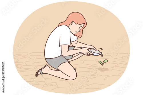 Teenage girl watering plants growing from dry soil or in need of moisture due to lack of rain