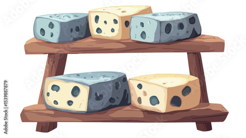 The image shows a digital illustration of a two-tiered rustic wooden stand displaying an assortment of cheeses.  The cheeses are depicted in a cartoonish style with visible blue and yellow