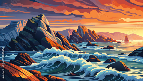 Rocky seashore with powerful ocean waves crashing at sunrise dynamic vector scene ideal for coastal nature themes, adventure travel, or marine illustrations