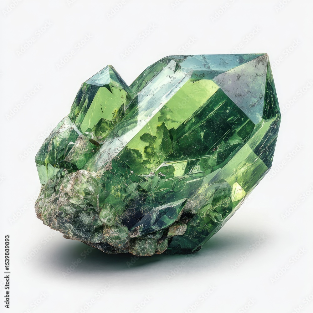 Fototapeta premium A translucent, multifaceted green crystal cluster with sharp points and a rough, earthy base rests on a white background