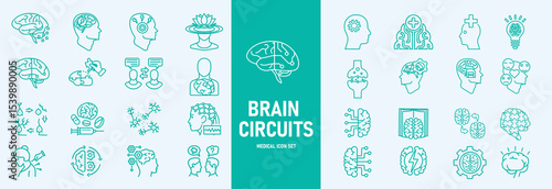 Brain circuits icon set. Containing mind, brainstorming, head, neuron, cognition, thinking, intelligence and more. Solid vector icons collection