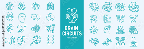 Brain circuits icon set. Containing mind, brainstorming, head, neuron, cognition, thinking, intelligence and more. Solid vector icons collection