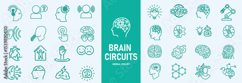 Brain circuits icon set. Containing mind, brainstorming, head, neuron, cognition, thinking, intelligence and more. Solid vector icons collection
