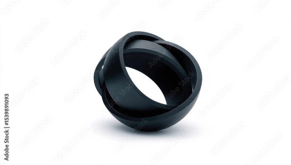 Intertwined matte black rings form a spherical abstract sculpture against a stark white background, casting a subtle shadow Intertwined matte black rings form a spherical abstract sculpture against a stark white background, casting a subtle shadow
