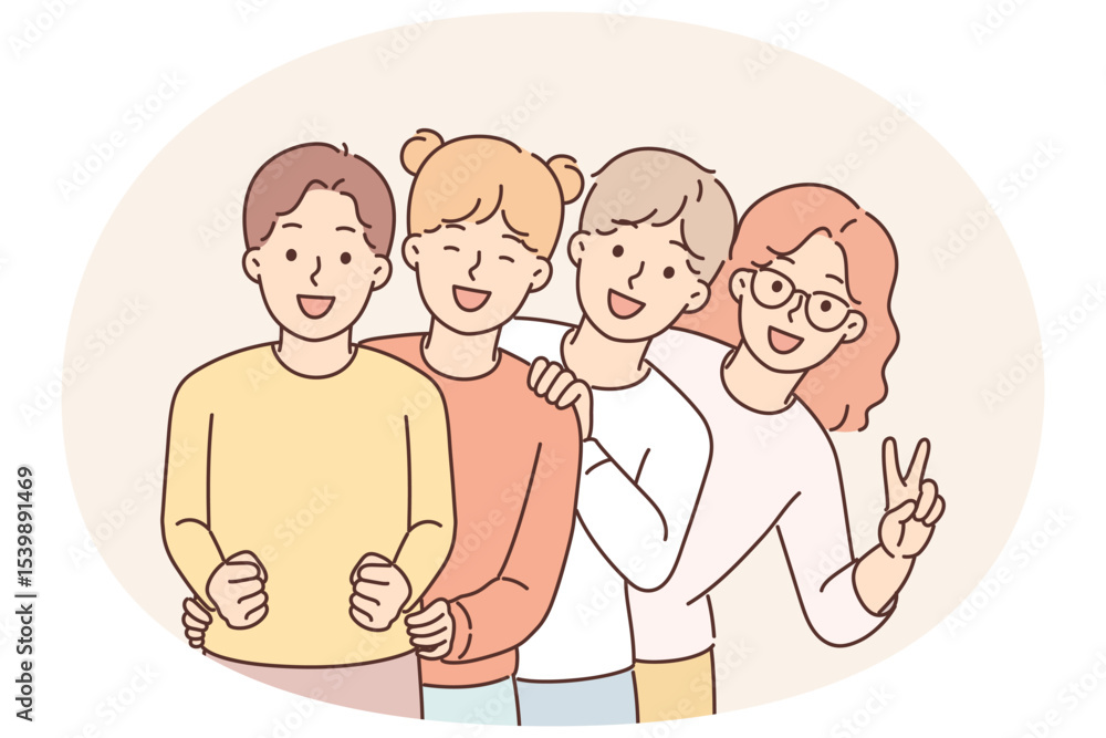Pre-teenage children stand behind each other and laugh enjoying socializing together Pre-teenage children stand behind each other and laugh enjoying socializing together