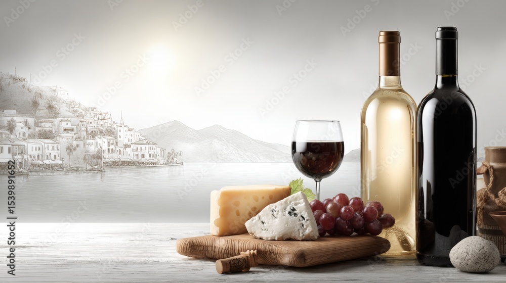 Naklejka premium Bottles of wine with cheese grapes and wine glass on a rustic wooden table overlooking a scenic lakeside landscape