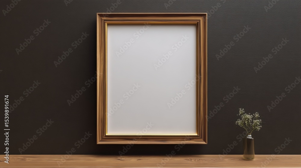 Empty wooden picture frame on dark wall background with small decorative plant Empty wooden picture frame on dark wall background with small decorative plant