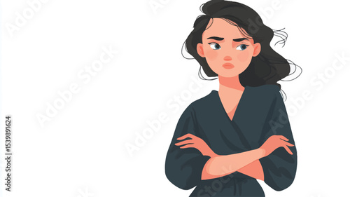 A digital illustration of a young woman with dark hair, shown from the chest up against a white background. She is depicted with her arms crossed and a serious, pensive facial expression. 