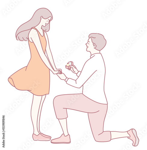 A beautifully charming illustration of a man proposing to a woman, beautifully capturing love and lifelong commitment