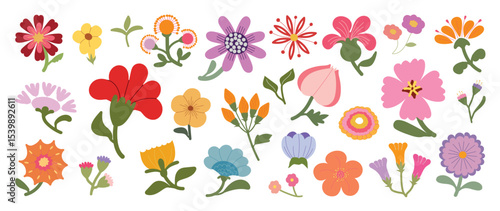 Collection of spring colorful flower elements vector. Set floral of wildflower, leaf branch, foliage on white background. Hand drawn blossom illustration for decor, easter, thanksgiving, clipart.