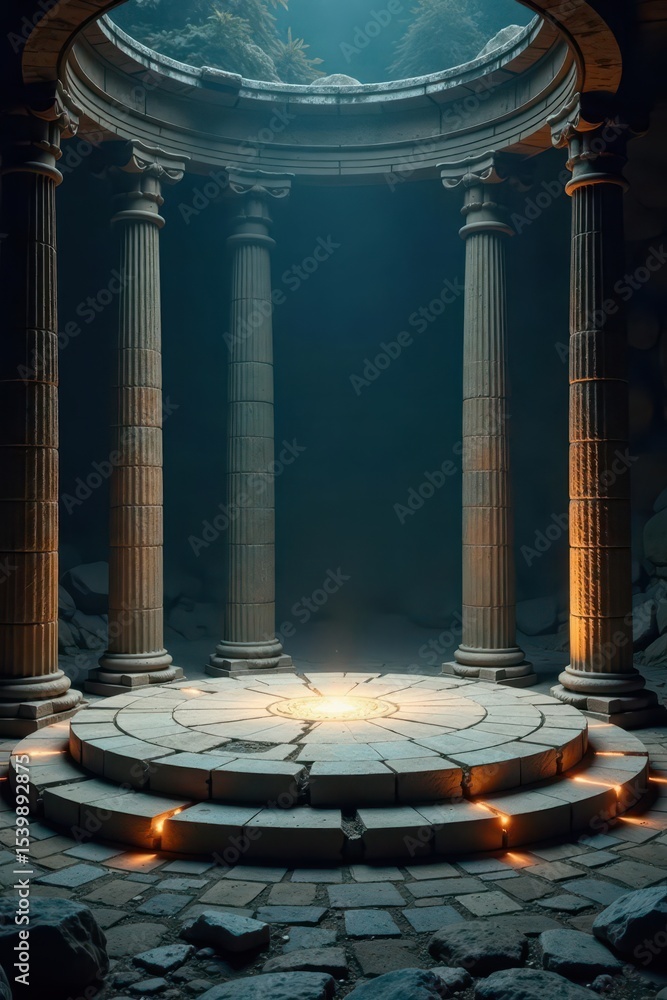 Fototapeta premium Dimly lit circular platform, ancient stone pillars, weathered, spooky, crypt