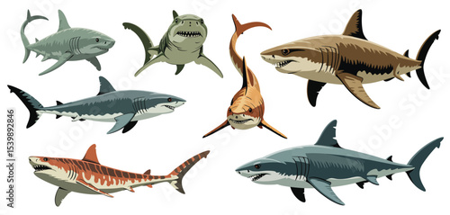 Collection of seven different shark species illustrations