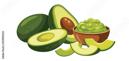 Fresh avocados guacamole and slices illustration