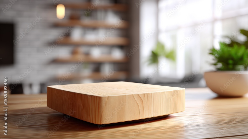 Fototapeta premium Minimalist wooden cutting board on kitchen countertop with bright natural lighting