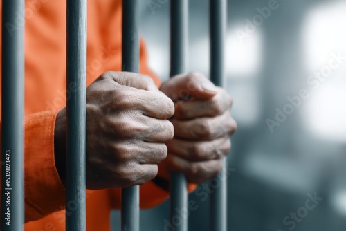 Close-up of elderly man gripping jail cell bars with hands in prison uniform