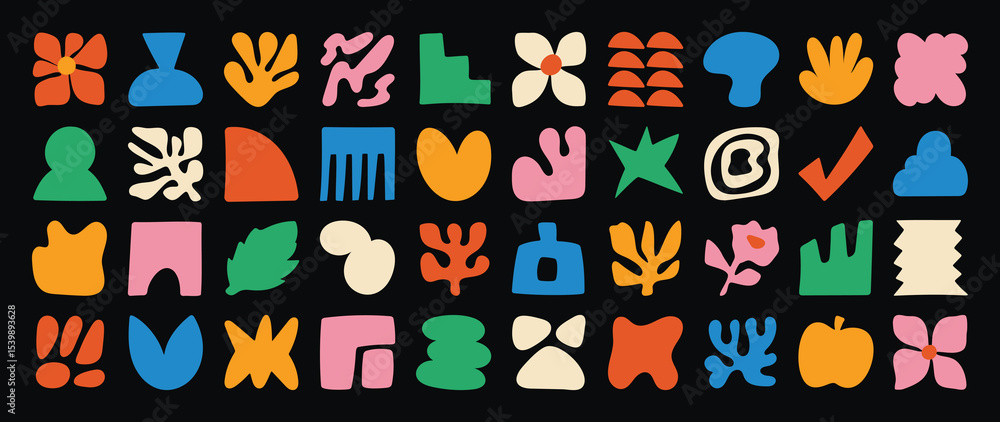 Fototapeta premium Set of abstract organic shapes vector. Collection of contemporary figure, cloud, flower, sparkle, geometric shape in funky groovy. Cute hippie design element perfect for banner, print, stickers.