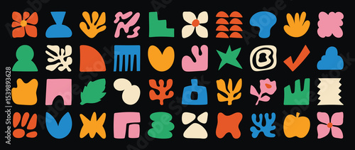 Set of abstract organic shapes vector. Collection of contemporary figure, cloud, flower, sparkle, geometric shape in funky groovy. Cute hippie design element perfect for banner, print, stickers.
