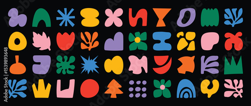 Set of abstract organic shapes vector. Collection of contemporary figure, cloud, flower, sparkle, geometric shape in funky groovy. Cute hippie design element perfect for banner, print, stickers.