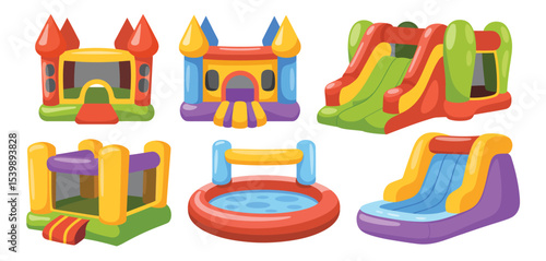 Colorful inflatable bouncy castles and slides for kids