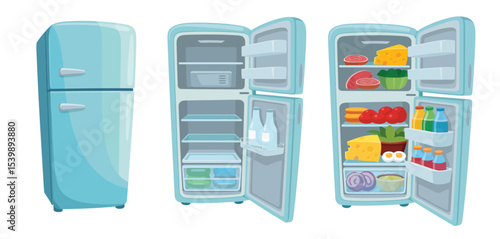 Cartoon refrigerator illustration empty and full of food