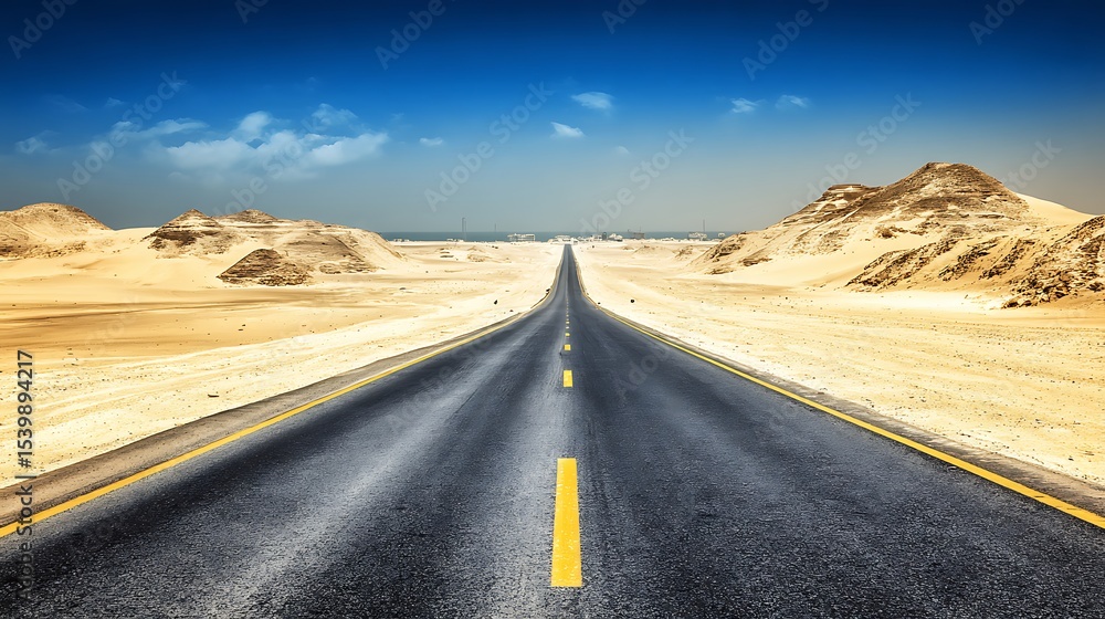 Naklejka premium Empty asphalt road stretches into a vast desert landscape.