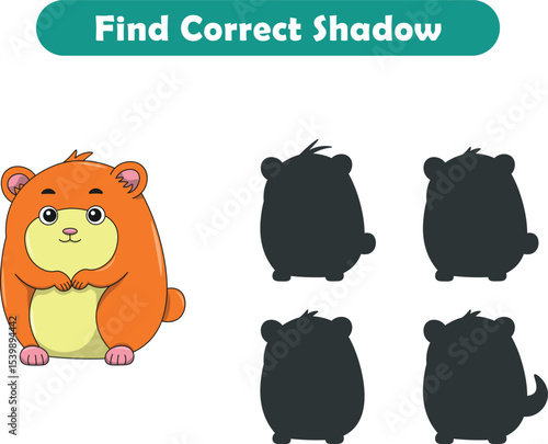 Funny cartoon hamster. find the correct shadow. Kids Education games. Cartoon vector illustration