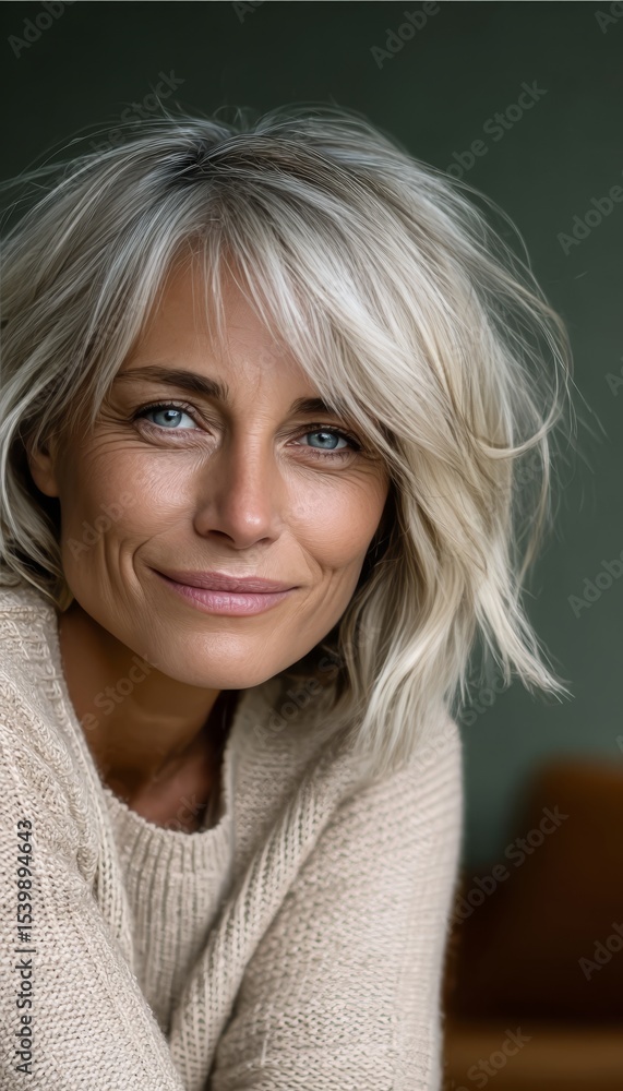 Serene and Attractive Confident Middle Aged Female with Short Silvery Hair and Gentle Expression Serene and Attractive Confident Middle Aged Female with Short Silvery Hair and Gentle Expression