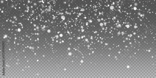 Snow overlay with falling scattered snowflakes on transparent background