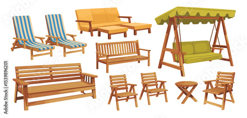 Collection of wooden outdoor furniture and patio sets