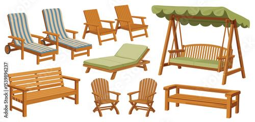 Collection of wooden outdoor furniture illustrations
