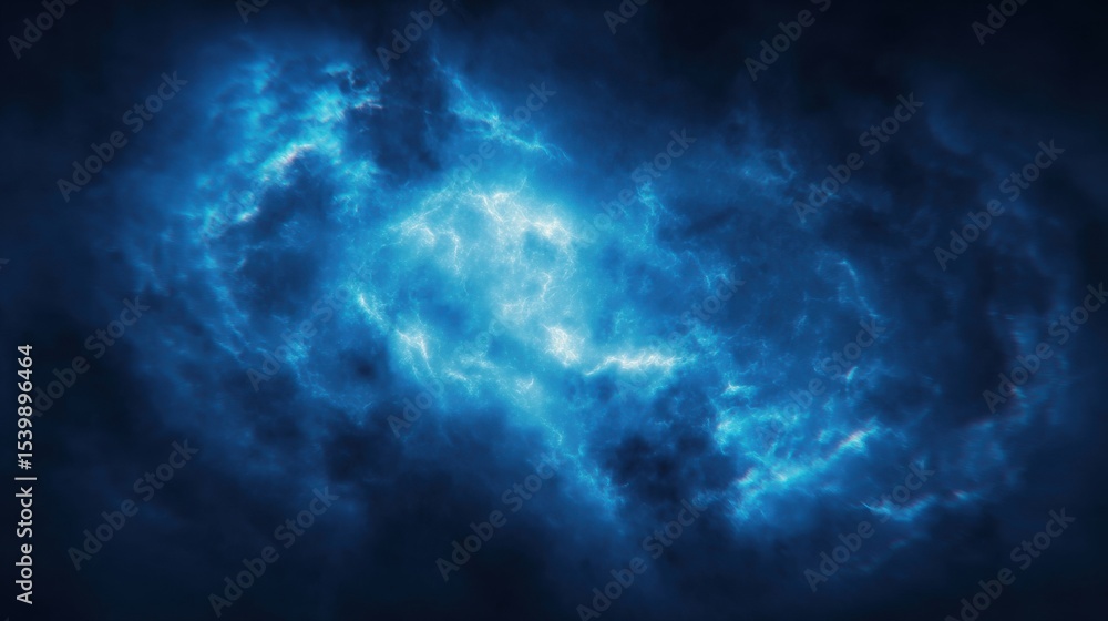 Fototapeta premium Blue nebula cloud glowing softly against dark space background, with light beams and space rays spreading through the misty blue spiral clouds
