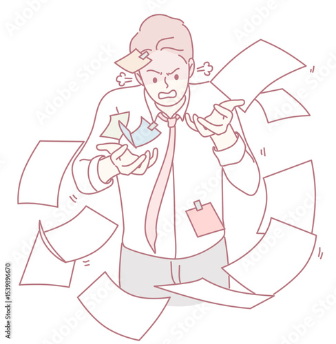 A frustrated professional is struggling with an overwhelming amount of paperwork and numerous responsibilities
