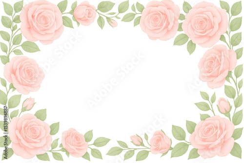Soft pink rose petals and verdant leaves forming elegant rectangular border, ideal for wedding stationery and romantic design compositions