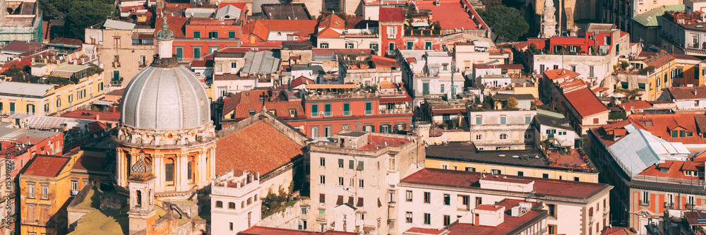 Naples, Italy. Top View Cityscape Skyline With Famous Landmarks In Sunny Day. Many Old Churches And Temples Naples, Italy. Top View Cityscape Skyline With Famous Landmarks In Sunny Day. Many Old Churches And Temples