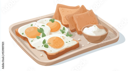A digitally rendered illustration depicts a rectangular wooden tray holding a serving of food.  The main focus is on two pieces of toast topped with three fried eggs.  The eggs are sunny-side up