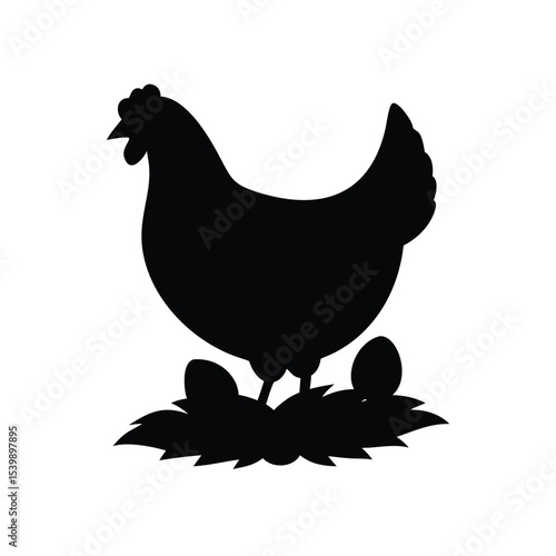 A black silhouette of a hen sitting on a nest of eggs.