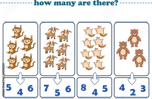 Counting game of wild animals for preschool kids. Printable. Vector Illustration