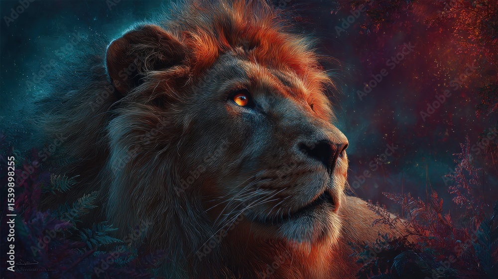 Naklejka premium A lion with a fiery mane, glowing eyes, fantasy forest background, epic atmosphere, ultra detailed digital painting.