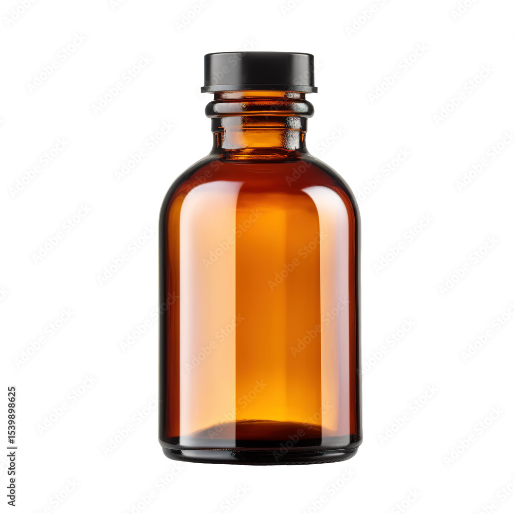 Amber glass bottle with black cap isolated on transparent background Amber glass bottle with black cap isolated on transparent background