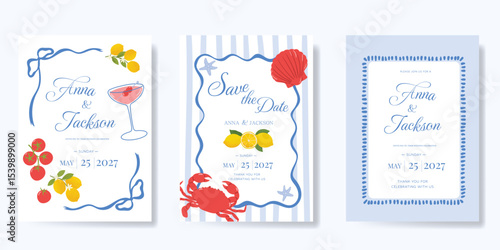 Italy summer party invitation card vector. Italian poster with lemon, crab, tomato, shell, wine. Design for wedding card, greeting card, cover, poster.